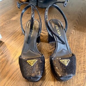 Prada Black Sequin Slingback Heels with Gold Logo Plaque